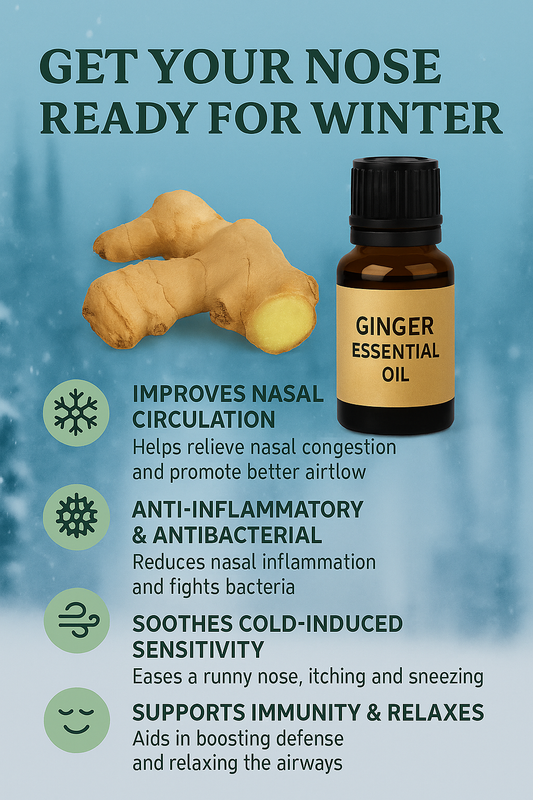 Ginger essential oil is highly effective in protecting and soothing the nasal passages during the winter season.